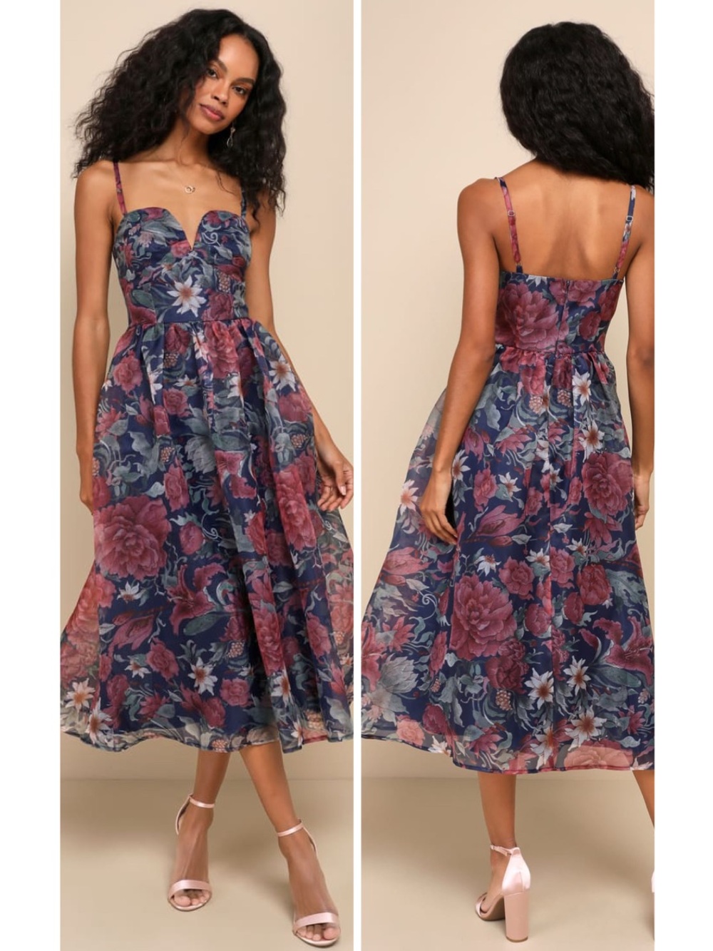 Lulus Cherished Aura Navy Blue Floral Organza Bustier Midi Dress Size Large NWT
